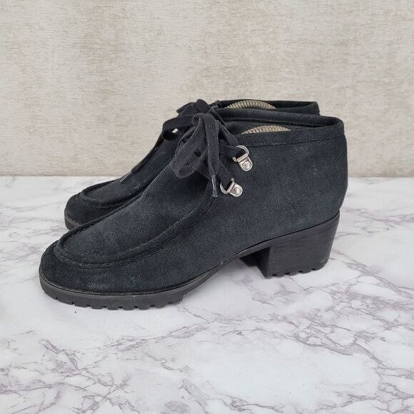 Von Dutch Sidestand Black Leather Suede Lace Up Chunky Block Heel Booties Y2K - Picture 1 of 14